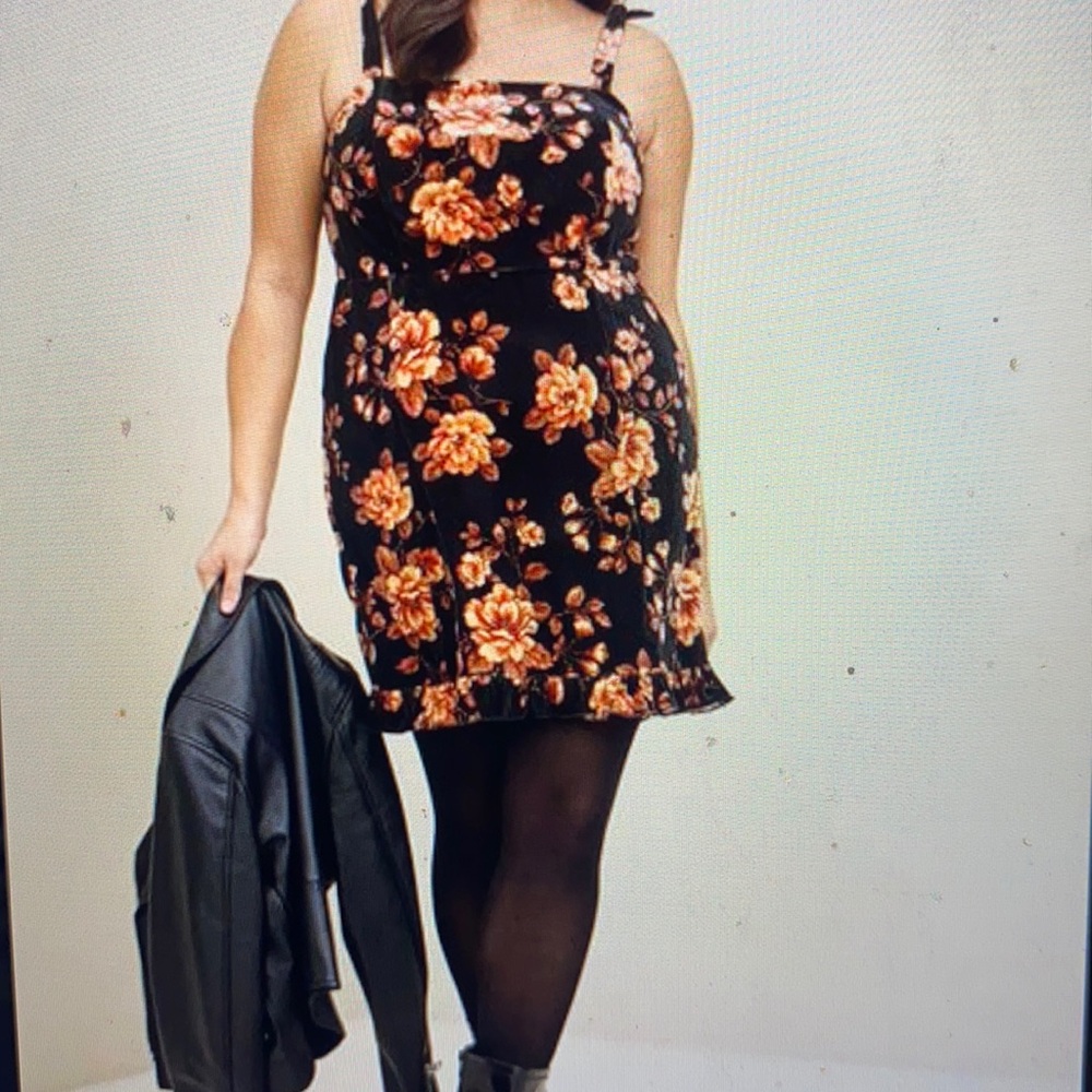 Torrid black at the knee velvet ruffle tier dress floral autumn fall - Picture 5 of 17